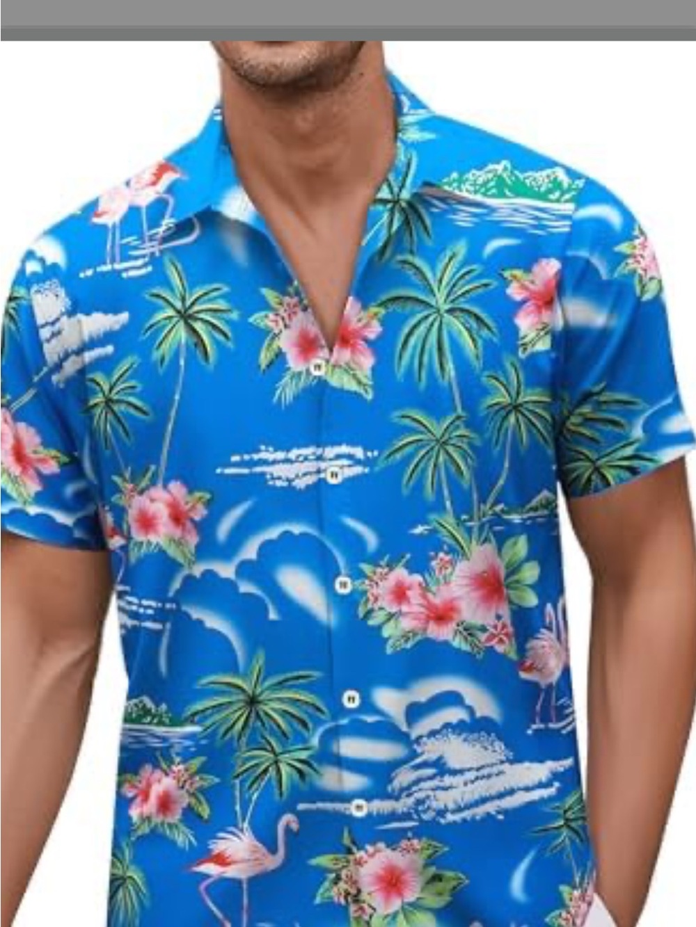 Men's Blue Tropical Flamingo Button-Down Hawaiian Shirt Pink Floral Print- Small